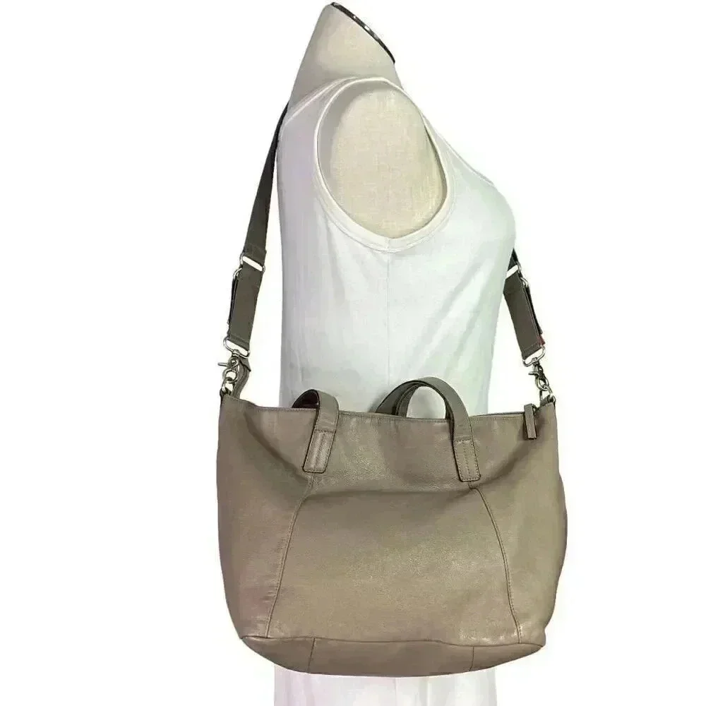 Storksak Noa Leather Diaper Bag Gray Crossbody Strap Double Handles Changing Pad